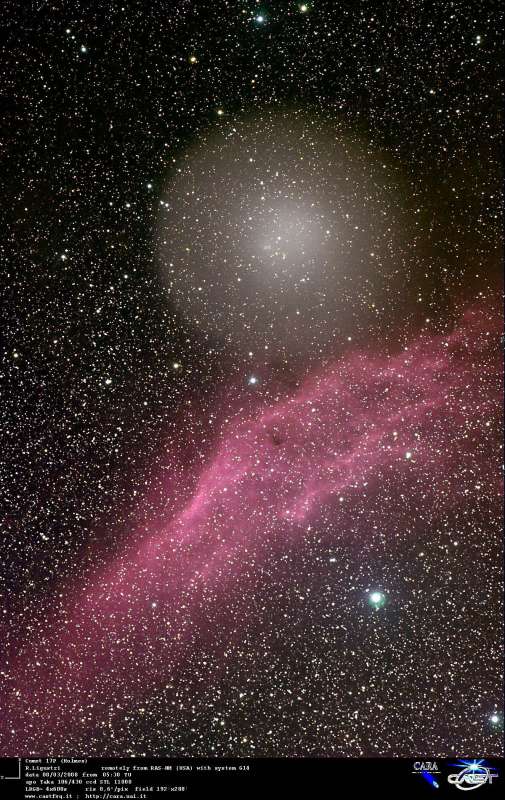 Comet 17P/Holmes in Perseus near California Nebula: 96 KB; click on the image to enlarge