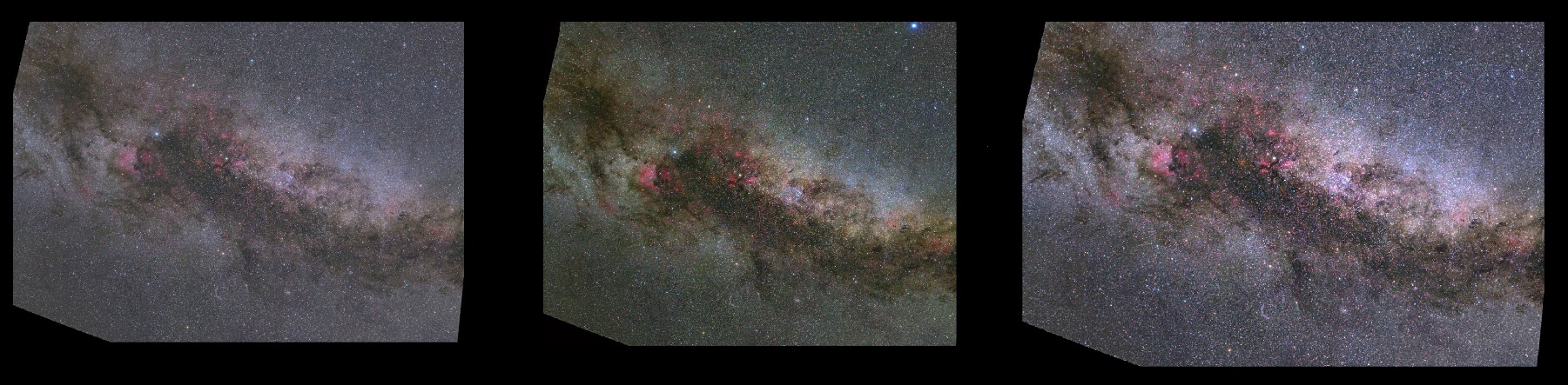 Milky Way in Cygnus and Lyra constellations elaborated by Marco Candotti (left), Rolando Ligustri (center) and Matteo Mellone (right): 348 KB; click on the image to enlarge